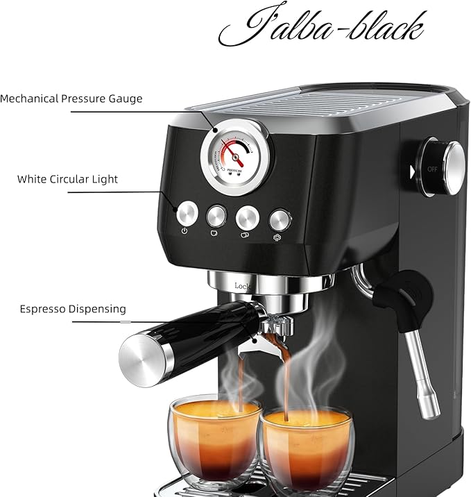 Espresso Machine 20 Bar, Espresso Coffee Maker with Professional Milk Frother Steam Wand for Cappuccino & Latte, 49oz Removable Water Tank for Home, Black
