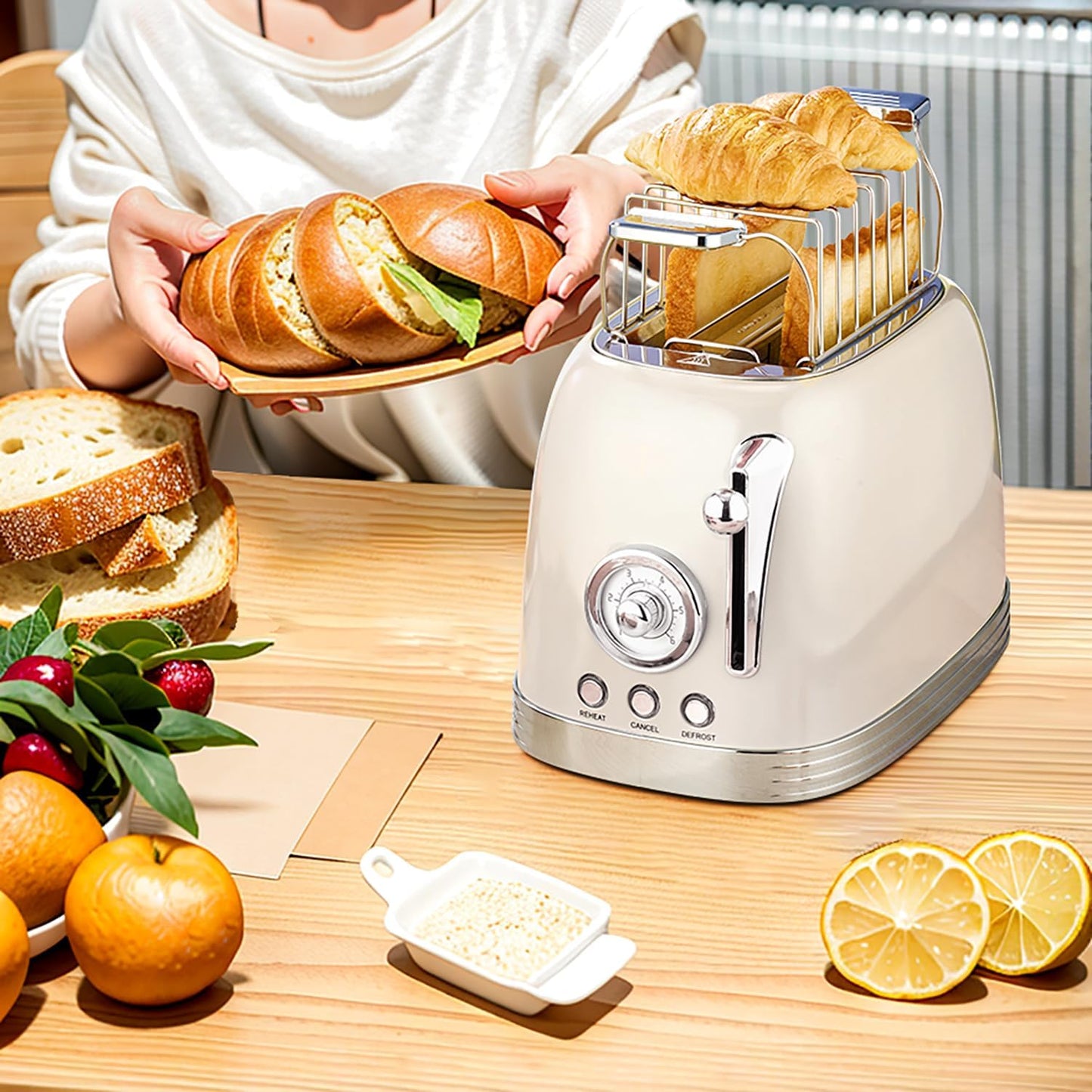 Beige Cute Retro Toaster 2 Slice with 1.58" Wide Slots, Bread toaster with Cover and Warm Rack, Stainless Steel Toaster with Removable Crumb Tray, Preheat, Defrost, Cancel Function (Cream)