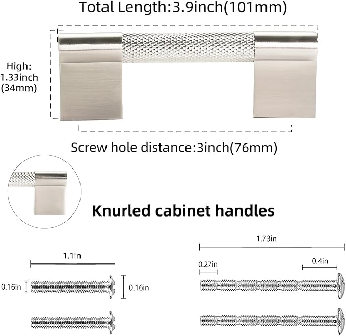 10 Pack 3 inch(76mm) Brushed Satin Nickel Kitchen Cabinet Handles Knurled Cabinet Pulls Drawer Pulls Kitchen Hardware