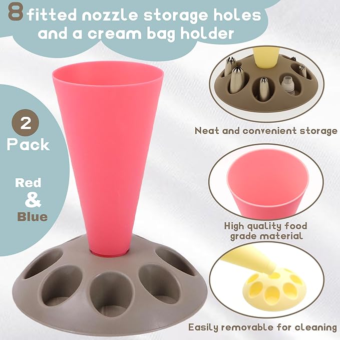 2 Pack Piping Bag Holder – Piping Bag Holder Stand for Filling, Icing Bag Holder, Pastry Bag Holder Stand with 8 Nozzle Slots, Red and Blue