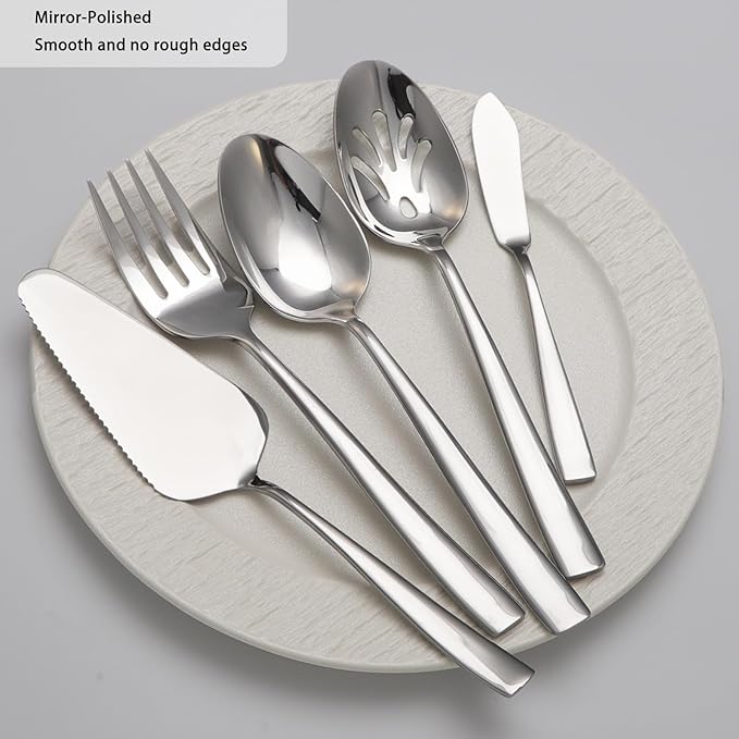 Large Hostess Serving Utensils Set, Stainless Steel Heavy Duty Serving spoons, Slotted Spoons, Serving Fork, Cake Server, Butter Knife, Dishwasher Safe (Silver)