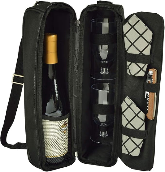 Picnic at Ascot Insulated Wine Tote with 2 Wine Glasses, Napkins and Corkscrew -Designed & Assembled in the USA