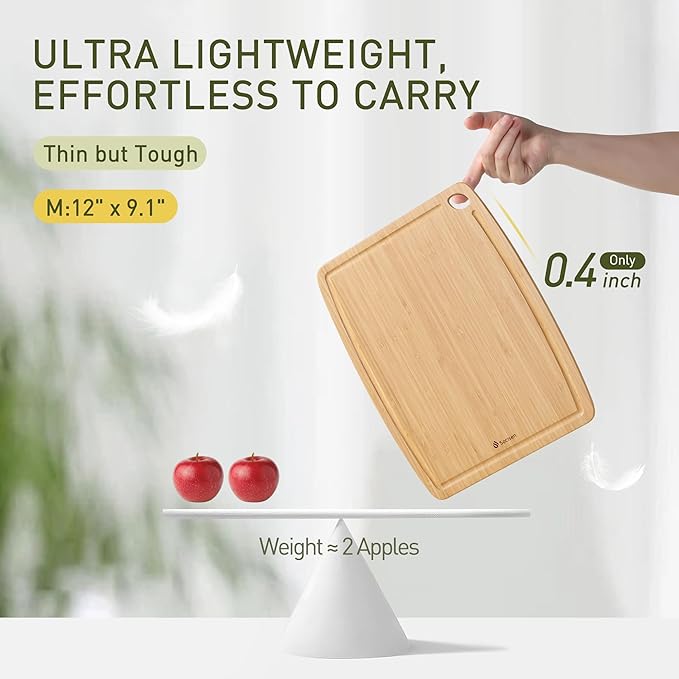 Lightweight Durable Bamboo Cutting Board with Non-Slip Feet, Reversible Wood Cutting Board with Juice Groove Easy to Store & Clean, Water-Resistant Ideal Kitchen Gift for Home Cooks