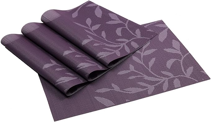 SHACOS Woven Vinyl Placemats Set of 4 Purple Leaf Pattern Place Mats Wipe Clean Durable PVC Heat Resistant Table Mats (4, Leaf Purple)