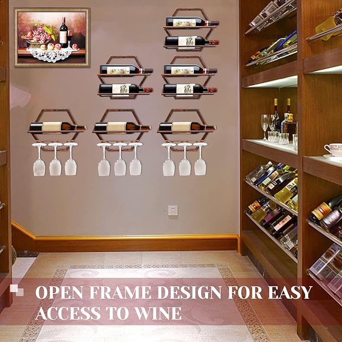 2Pcs Wall Mounted Wine Bottle Rack, Metal Hanging Wine Display Holder Organizer, Red Wine Racks for Home Kitchen Bar Decor Storage (Retro Brown BB)