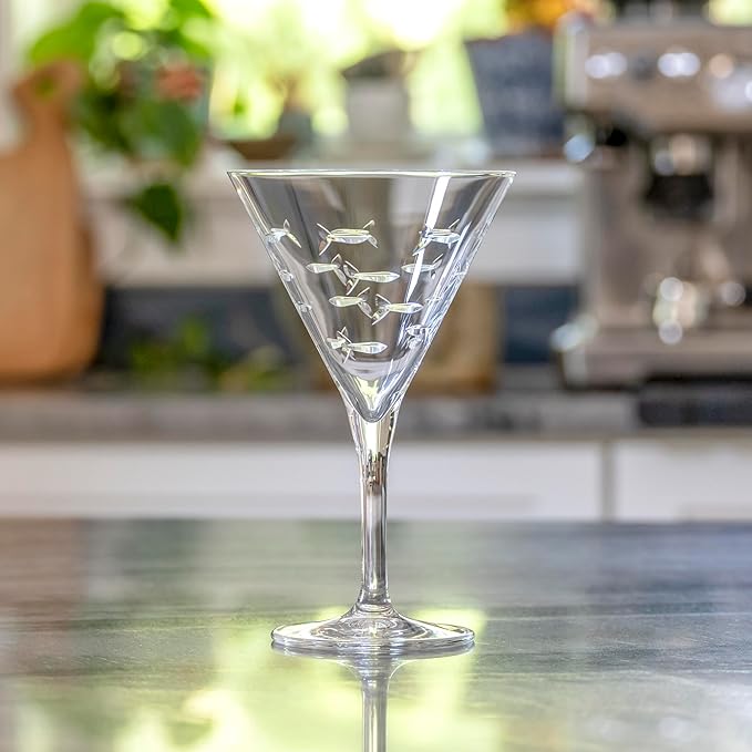 Rolf Glass School of Fish Martini Glass | Stemmed 7.5 oz. Martini Glasses | Lead-Free Glass | Diamond-Wheel Engraved Cocktail Glasses | Made in the USA (Set of 4)