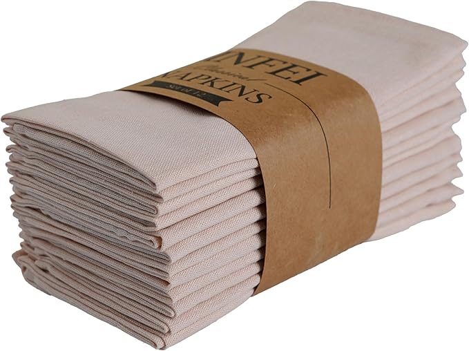 Solid Color Linen Blended Thin Dinner Cloth Napkins - Set of 12 (40 x 40 cm) - for Wedding Parties Events & Home Use (Champagne)