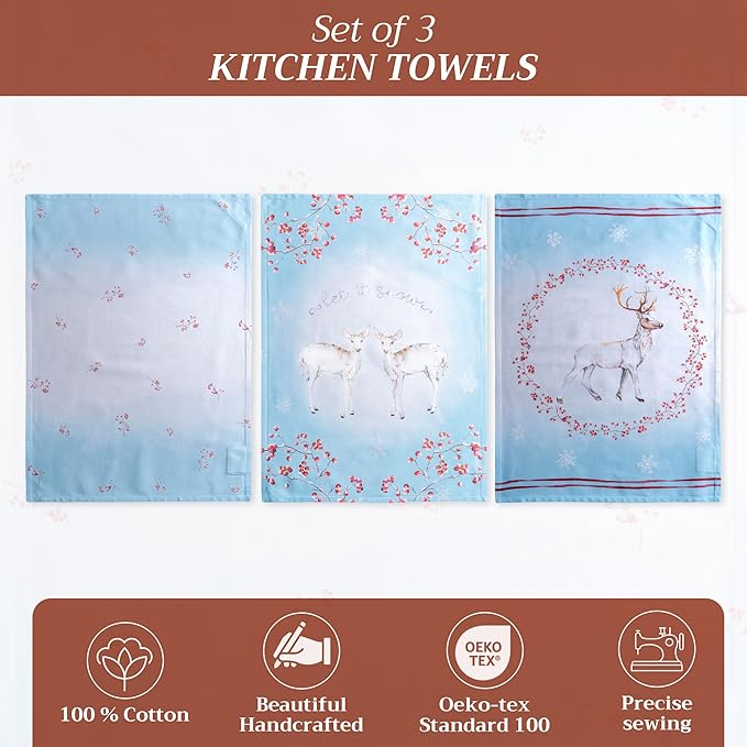 Maison d' Hermine Kitchen Towels Set of 3 100% Cotton 20" x 27.5" Reusable Cloth Tea Dish Towels Absorbent with Hanging Loop for Kitchen Dining Thanksgiving Christmas Decorations (Fairy Tale Forest)