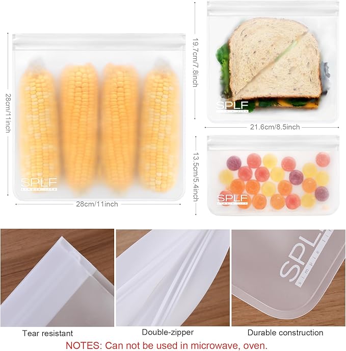 SPLF 10 Pack Dishwasher Safe Reusable Snack Bags, BPA Free Reusable Food Storage Freezer Bags Leakproof Silicone and Plastic Free Lunch Bags Fridge Home Organization