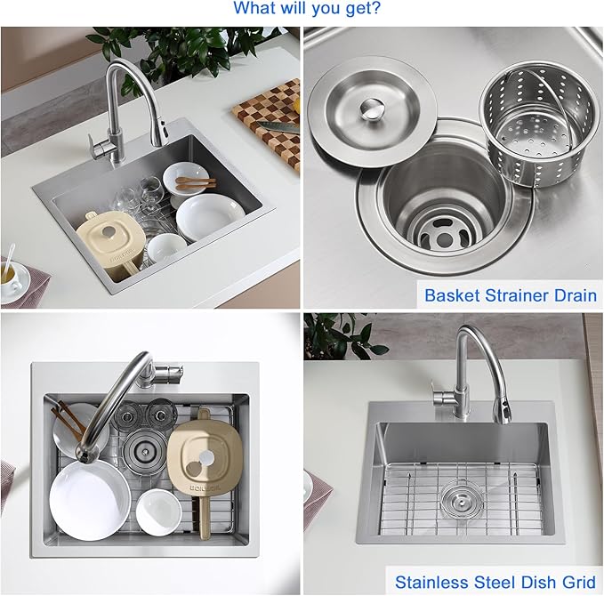 MENATT Brushed 20 Inch Kitchen Sink Drop in, 18 Gauge Stainless Steel 1 Faucet Hole Single Bowl Topmount Kitchen Sinks with Drain Assembly & Grid, D20"xW16"xH9"