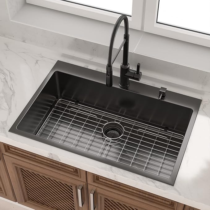 Lordear 33 Black Kitchen Sink Drop In 33x22 Gunmetal Black 16 Gauge Stainless Steel Drop In Kitchen Sinks R10 Round Corner Single Bowl Topmount Over Counter Rectangular Sink Basin