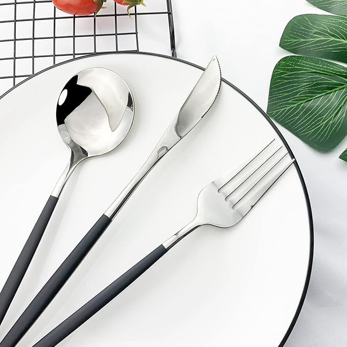 JASHII Flatware Serving Set 24 Piece, Stainless Steel Silverware Set, Titanium Black Silver Cutlery Set, Modern Elegant Tableware Set for Party, Christmas, Dinner (Black Silver)