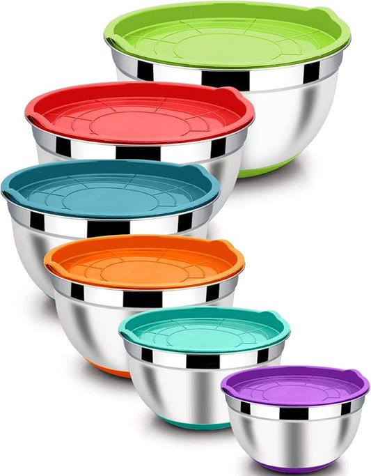 LIANYU Nesting Mixing Bowls Set of 6 with Airtight Lids, Size 7, 3.5, 2.5, 2, 1.5, 1QT, Large Stainless Steel Metal Bowls for Baking Cooking Food Storage, Non-slip Bottom, Colorful