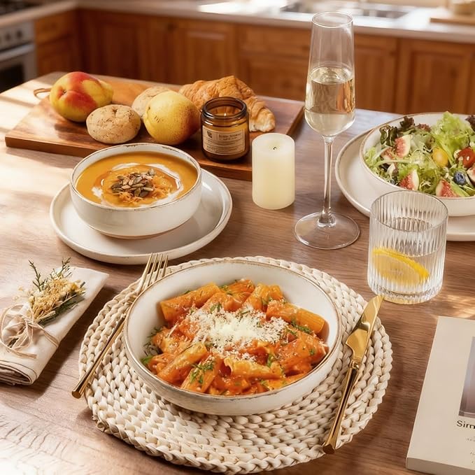 AmorArc Ceramic Dinnerware Sets with Pasta Bowls for 6, Handpainted Plates and Bowls Set with Rustic Terracotta Underside, Scratch Resistant Dishes Set, Dishwasher & Microwave Safe, 24 Pcs