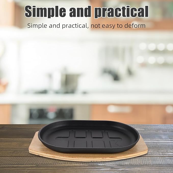 Cast Iron Flat Skillet Set: Pre-Seasoned Steak Plate with Wooden Base - Sizzling Fajita Grills Pan - Nonstick Cooking Pan for Restaurant Catering BBQ Outdoor Campfire