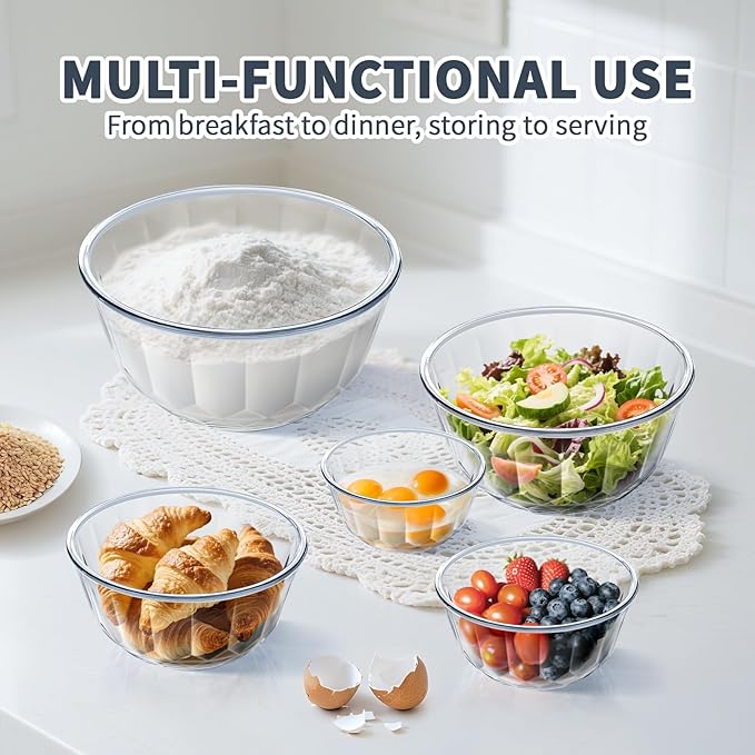 Luvan Glass Mixing Bowls with Lids Set of 5(0.85qt,1.11qt,1.69qt,2.85qt,4.7qt), Large Salad Bowl with Diamond Pattern & Grey Transparent Lids, Kitchen Clear Mixing Bowl for Serving Baking Prep Storage