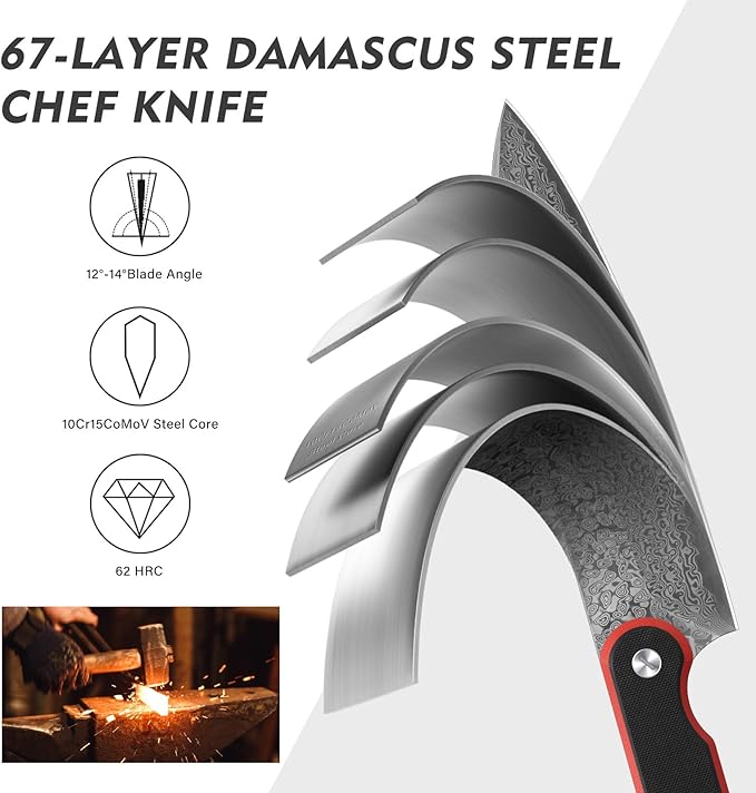 FINTISO Chef Knife 8 Inch, Professional 67-Layer Damascus Stainless Steel Kitchen Knife with 10Cr15CoMoV Steel Core, Ultra Sharp Cooking Knife with Ergonomic Full Tang G10 Handle