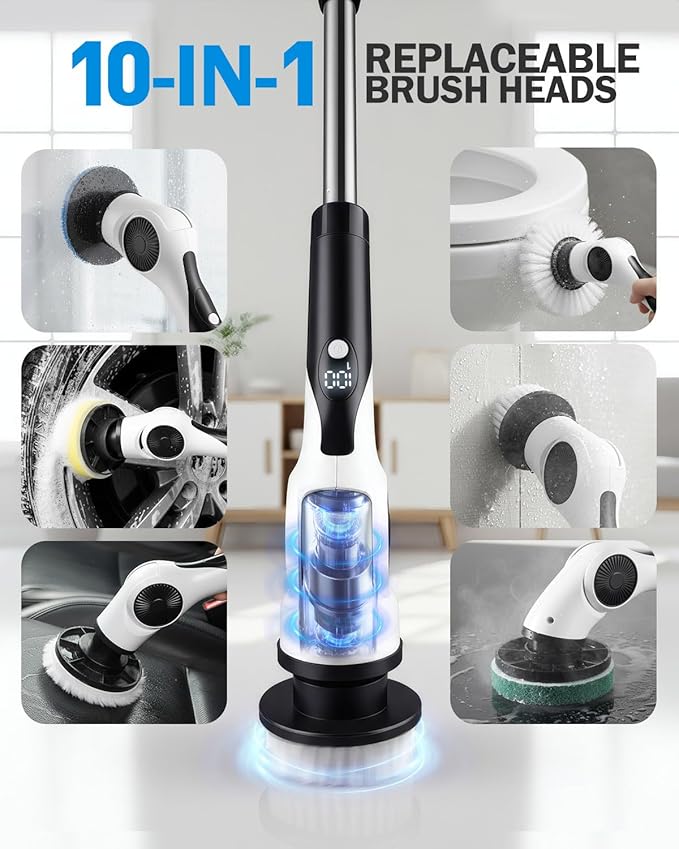 Electric Spin Scrubber with 10 Replaceable Brush Heads, IPX7 Waterproof Shower Scrubber with Long Handle, 3-Speed Adjustable Cleaning Supplies with Rotating Cleaning Brush