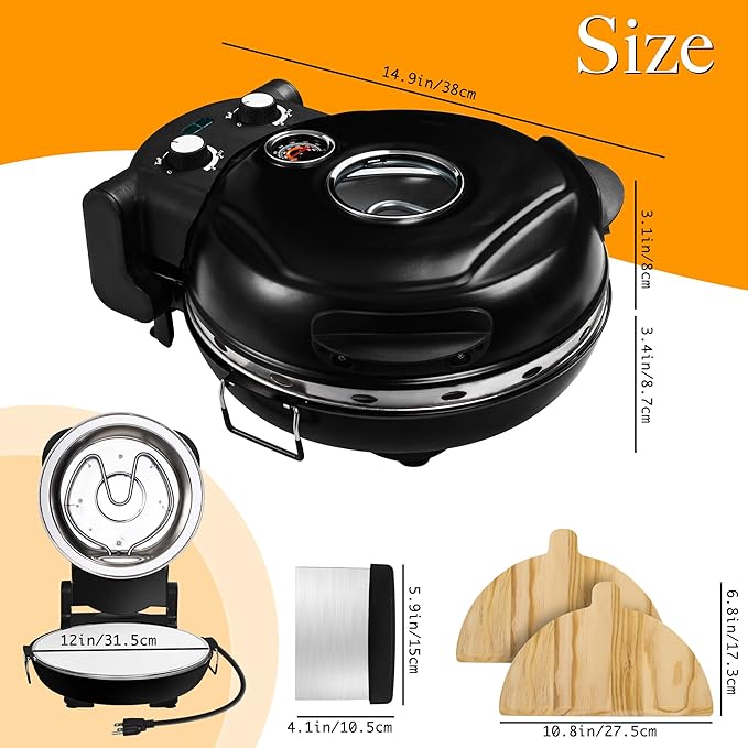Crispy Crust Pizza Oven-12" Electric Pizza Maker Machine for Home, Pizza Cooker Countertop Maker with Ceramic Stone Heats Up to 800˚F Pizza Oven Indoor, Black