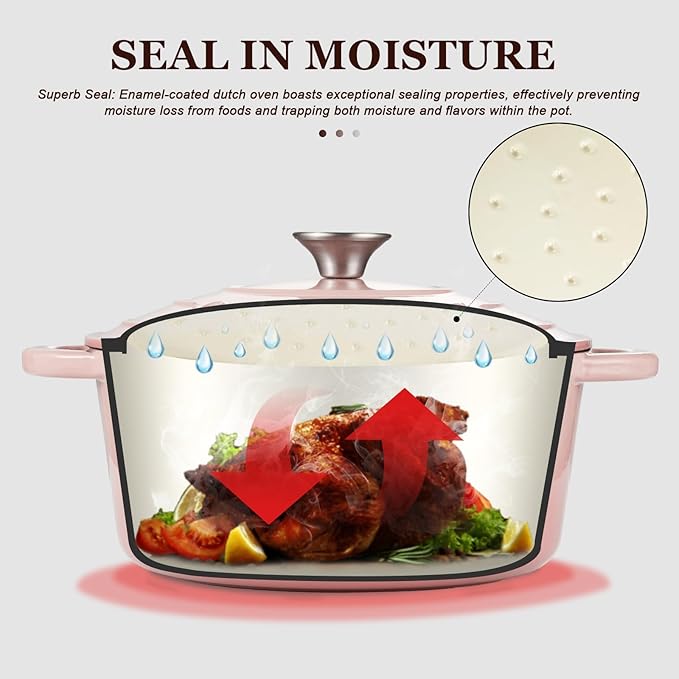 Overmont Enameled Cast Iron Dutch Oven - 4.5QT Pot with Lid Cookbook & Cotton Potholders - Heavy-Duty Cookware for Braising, Stews, Roasting, Bread Baking pink