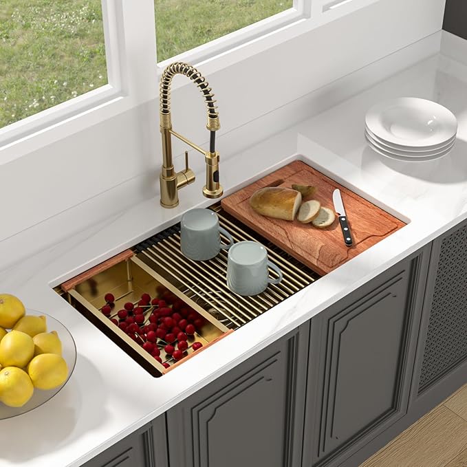 Lordear Gold Undermount Kitchen Sink 36" x 19" Stainless Steel Sinks 16 Gauge Single Bowl Ledge Workstation Handmade Under Counter Kitchen Sink Basin with Built-In Accessories