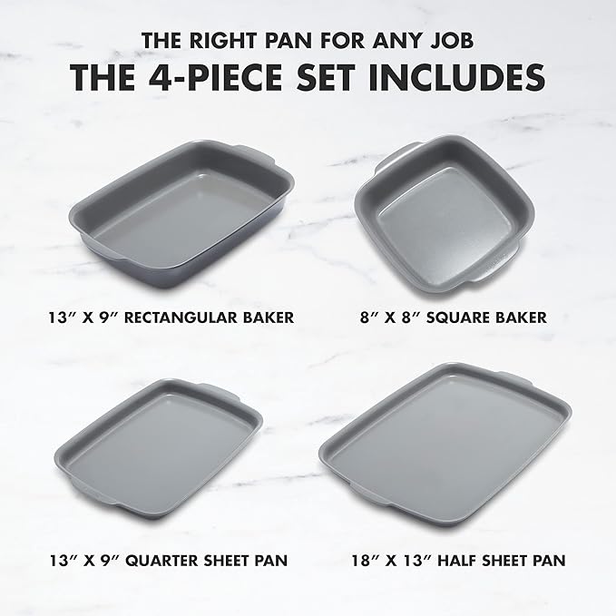 GreenPan Premiere Ovenware Healthy Ceramic Nonstick 4 Piece Bakeware Set, PFAS-Free, Rectangular, Square, Quarter, Half Sheet Baking Pans, Warp-Free, Oven Safe to 600F, Dishwasher Safe, Gray