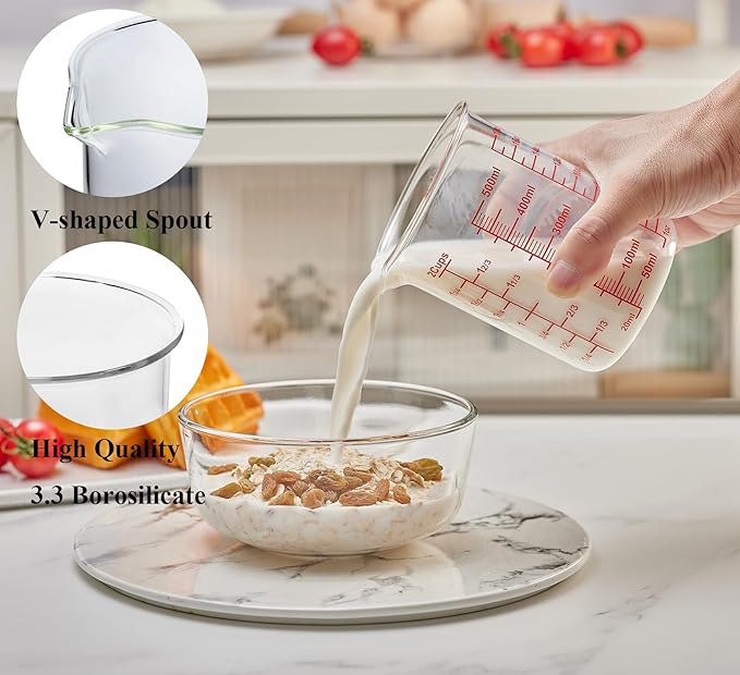 High Borosilicate Glass Measuring Cup-V-Shaped Spout，Glass Measuring Beaker for Kitchen or Restaurant, Easy to Read, 500 ML (16 Oz, 2 Cup)