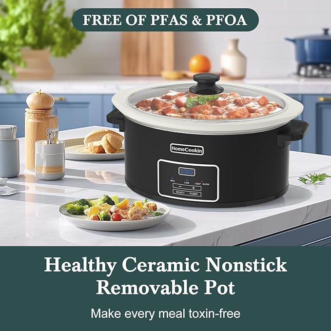 HOMECOOKIN 6-Quart Programmable Slow Cooker with Timer - Small Kitchen Appliance for Family Dinners - Serves 6+ People - Heat Settings: Keep Warm(Black)