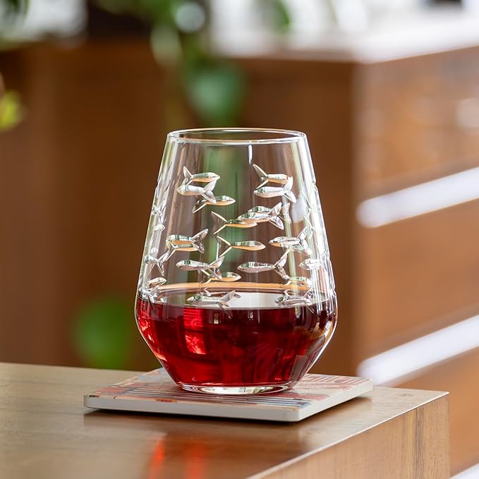 Rolf Glass | School of Fish Stemless Tumbler | Stemless Wine Glasses 18oz | Lead-Free Glass | Engraved and polished in Pennsylvania | US made (Set of 4)