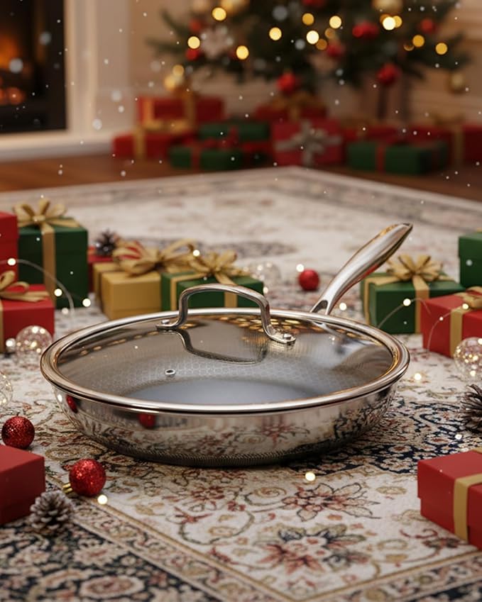 Nonstick Frying Pans with Lid,8/10/12 inch Stainless Steel Skillet Set with Honeycomb Surface, Induction Compatible, Oven & Dishwasher Safe, PFAS-Free Cookware Sets (Stainless Steel, Frying Pan 6PCS)