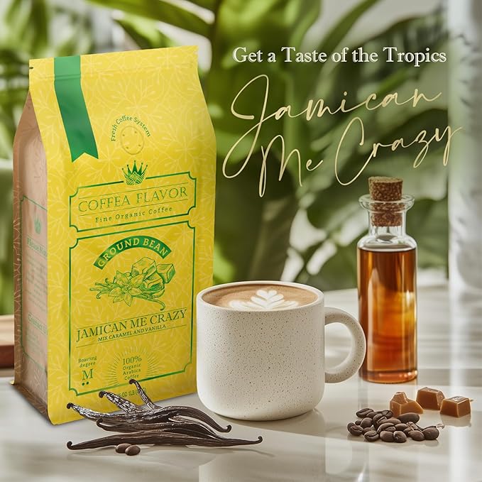 Flavored Ground Coffee – Jamaican Me Crazy (Caramel and Vanilla), 100% Arabica, Single Origin, Medium Roast, USDA Organic, Naturally Flavored – by Coffea Flavor