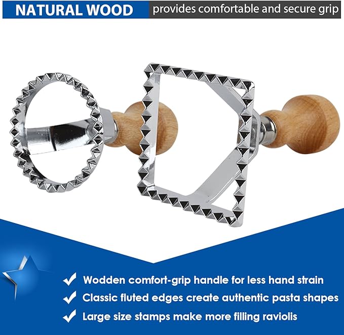 Ravioli Maker Cutter Stamps Set Round & Square Shape Ravioli Masker - Large Size Aluminum Press with Wooden Handle and Fluted Edge, Set of 2