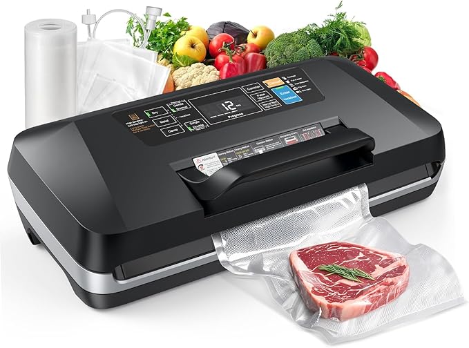 95kpa Vacuum Sealer Machine,Commercial Full Automatic Food Sealer,Powerful Sealing System with Double Heat Seal,Built-in Cutter&Bags Storage,1 Bag Rolls and 10 pcs Pre-cut Bags