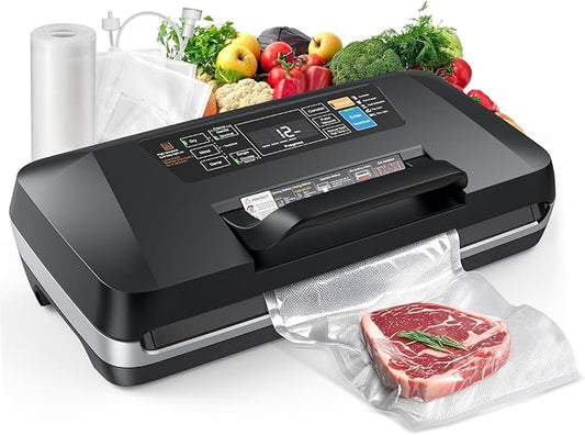 95kpa Vacuum Sealer Machine,Commercial Full Automatic Food Sealer,Powerful Sealing System with Double Heat Seal,Built-in Cutter&Bags Storage,1 Bag Rolls and 10 pcs Pre-cut Bags
