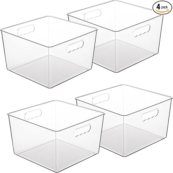 Vtopmart 4 Pack Extra Large Clear Plastic Storage Bins,11x11 Cube Acrylic Organizer Square Containers with Handle for Pantry,Closet,LaundryRoom,Kitchen,Bathroom,UnderSink Organization