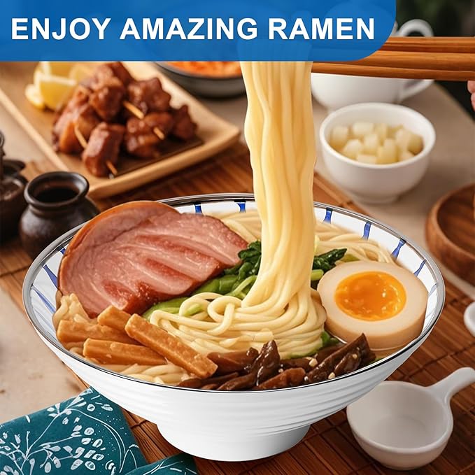 9.4Inch Ceramic Ramen Bowl Set of 2 (9 Piece) - Porcelain Japanese Salad Noodles Cereal Fruit Pasta Soup Large Bowls with Recipes Chopsticks Forks Spoons for Men Women Gift Microwave Dishwasher Safe