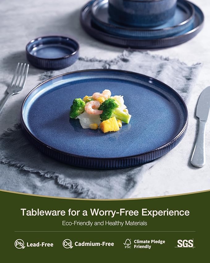 famiware Star Dinnerware Sets, Plates and Bowls Set for 4, 12 Pieces Ribbed Dishes - Chip and Scratch Resistant, Microwave and Dishwasher Safe Tableware, Nebulas Blue