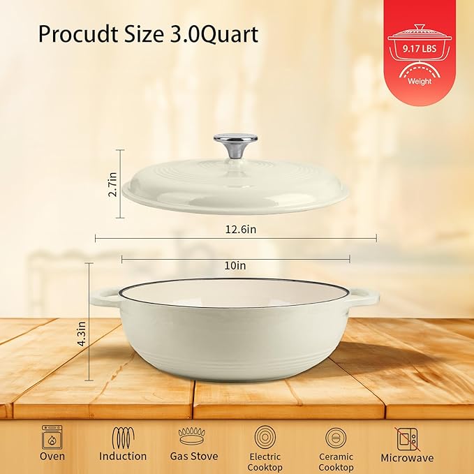 Enameled Cast Iron Dutch Oven Pot with Lid, 3 Quart Shallow Dutch Oven, Oven Safe up to 500° F, Suitable for Bread Baking, Braising, Roasting, Stews, White