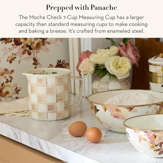 MACKENZIE-CHILDS Enamel Measuring Cup, Cute Measuring Cup with Pour Spout, 7-Cup Capacity, Brown-and-White Mocha Check