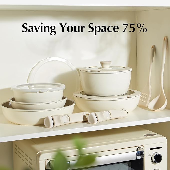 Redchef Ceramic Pots and Pans Set, Nonstick Kitchen Cookware Set with Detachable Handle, Non Toxic Cookware Set 16pcs, PFAS PFOA & PTFE Free, RV Ceramic Cookware for Camping, Dishwasher/Oven Safe