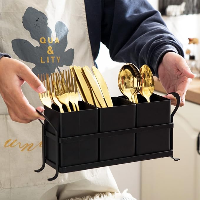 Flatware, Cutlery,Kitchen Utensil & Silverware Caddy Organizer Bin Holder for Forks, Spoons, Knives - Perfect for Kitchen Countertop- Black