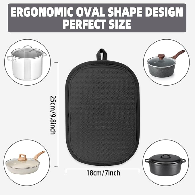 Hovico 2PCS Silicone Pot Holders, Oven Mitts Heat Resistant Hot Pads with Pockets, Non Slip Pot Holder for Kitchen Baking and Cooking| 9.8 x 7 Inches | Towel Cloth Interior Lining - Black