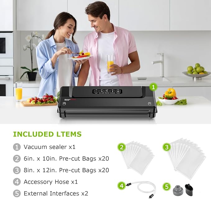 [Updated 2025] Bonsenkitchen Vacuum Sealer Machine + 40 Vacuum Bags, Fast-Compact/Multi-Functional Food Vacuum Sealer with External Vacuum System, Black