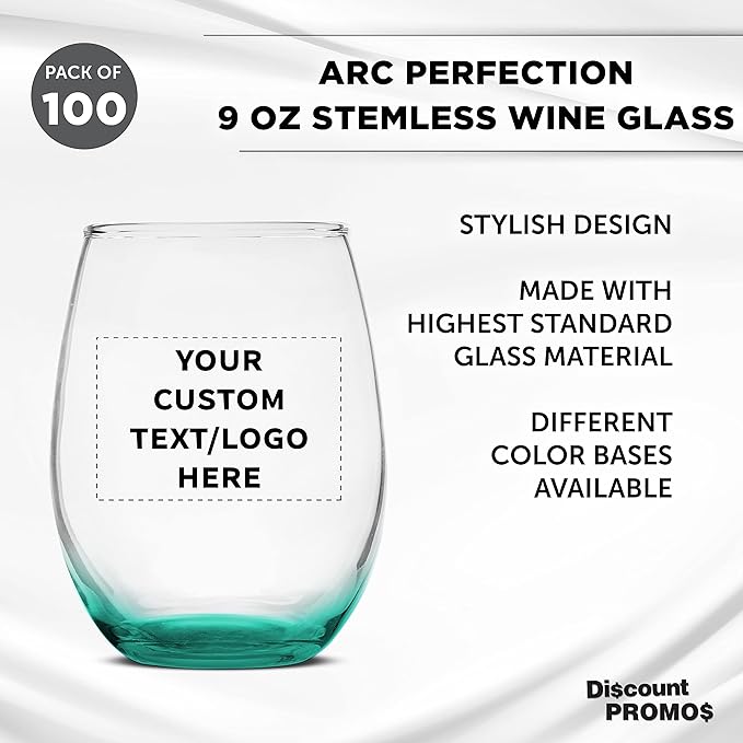 Custom Stemless Wine Glass 9 oz. Set of 100, Personalized Bulk Pack - Great for Wedding Favors, Bachelorette Party Decorations, Party Favors, Color Bottom - Green