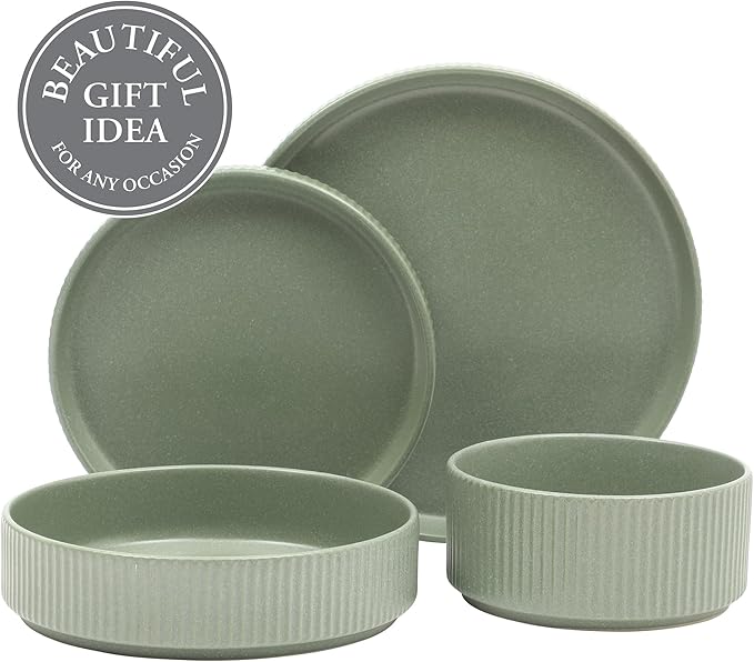 Gibson Elite Deerfield 16-Piece Stoneware Dinnerware Set – Matte Green Stackable Plates and Bowls, Reactive Glaze Finish, Service for 4 – Microwave & Dishwasher Safe