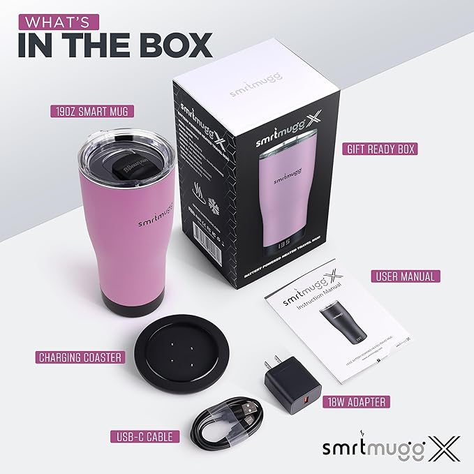 X Heated Coffee Mug 19 oz., 8 Hour Battery Life, Self-Heating, Adjustable Temp Controlled, LCD Screen, Includes Cover with Magnetic Slider (Black) (Lilac)