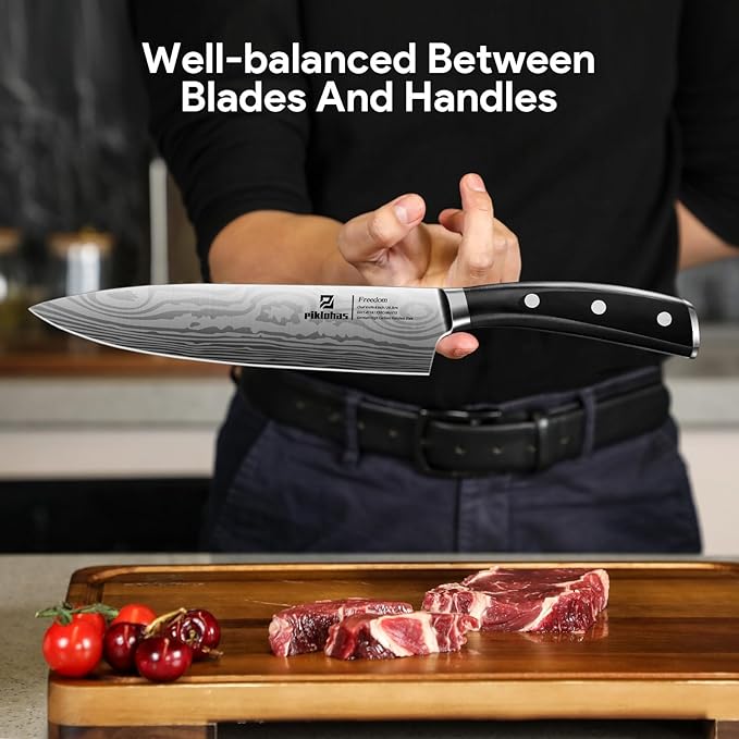 Knife Sets for Kitchen with Block, 17 Pieces with Magnetic Knife Holder, German High Carbon Stainless Steel Damascus Pattern Chef Knife Set