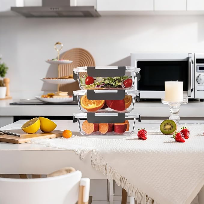 BAYZZ 10 Pack 22 oz Glass Meal Prep Containers, Glass Food Storage Containers with Airtight Lids, BPA-Free, Freezer and Microwave Safe