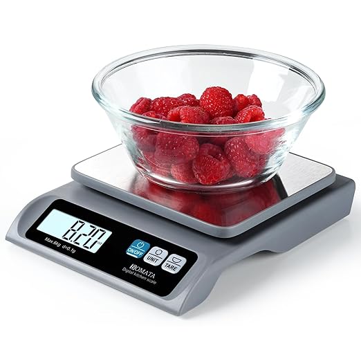 BOMATA 0.1g/ 13lb Food Scale, Digital Kitchen Scale with Removable Stainless Steel Pan, Backlit LCD Display, for Cooking, Baking B621 Grey