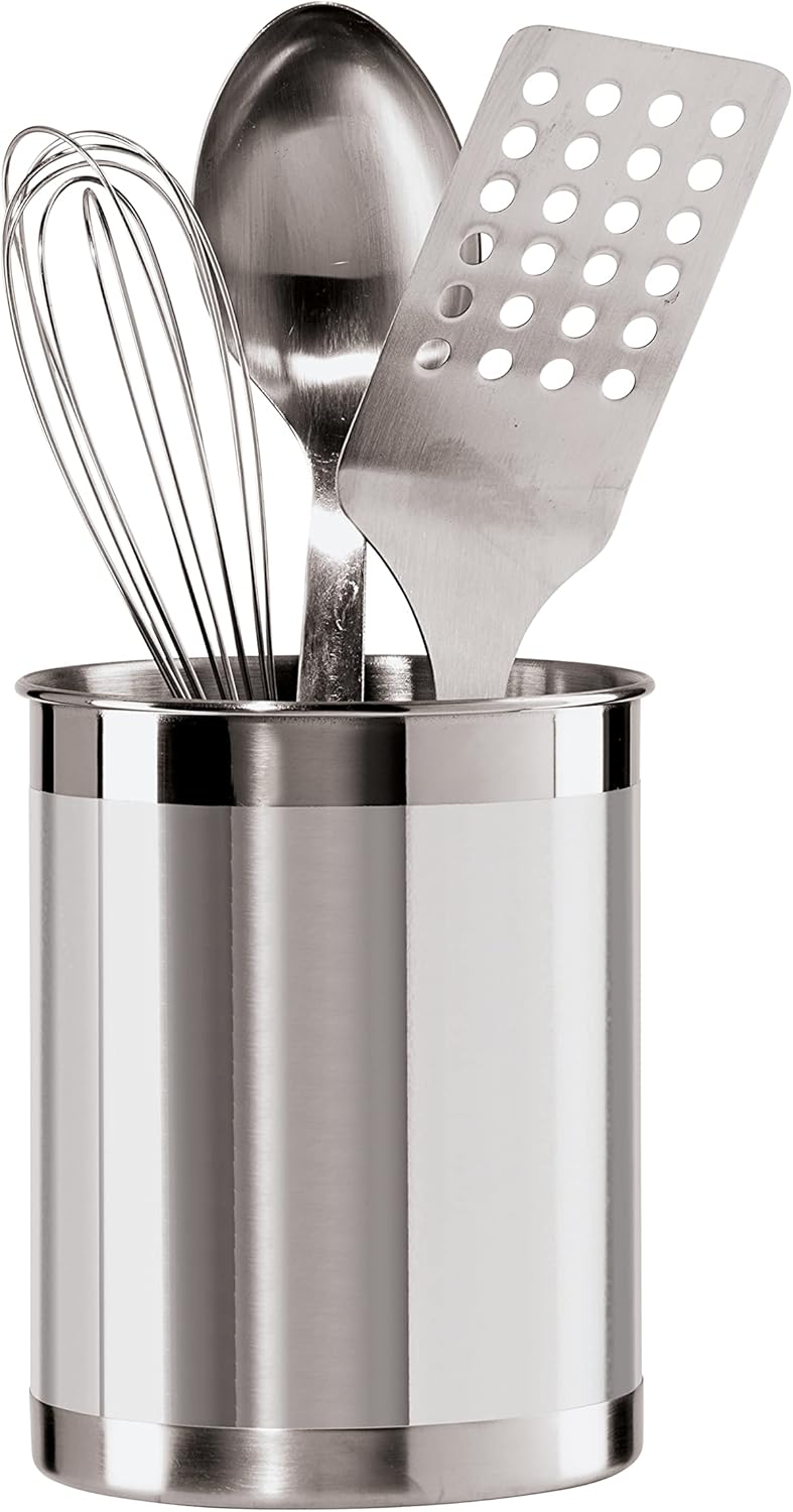 Oggi Stainless Steel Utensil Holder - 5" Diameter, Utensil Caddy, Weighted Base for Stability - Larger-Sized Utensil Crock and Countertop Utensil Organizer, Stainless Steel